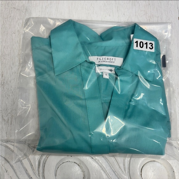 Foxcroft For Appleseeds Button Down Shirt Short Sleeve Blue Green 6 Short Sleeve - Picture 6 of 6